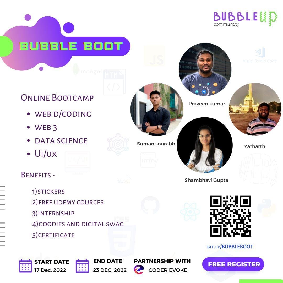Bubble Boot online bootcamp poster listing the four speakers, including Suman Sourabh on the UI/UX track